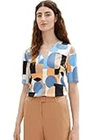 TOM TAILOR 1036800 Camiseta con Cuello en V, 31817-Diseño Abstracto Retro de Formas, L Mujeres