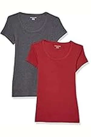 Amazon Camiseta Entallada con Cuello Redondo y Mangas Casquillo Mujer, Pack de 2, , S