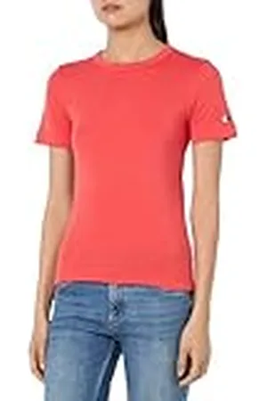 Champion Legacy Icons Tonal Logo W-Soft Cotton 1x1 Rib S/S Crewneck Camiseta, Rojo Coral, M para Mujer