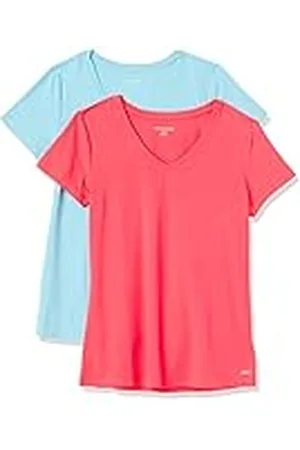 Amazon Camiseta Deportiva, Ligera y Elástica de Secado Rápido, Manga Corta y Cuello en V (Disponible en Talla Extragrande) Mujer, Pack de 2, , XL