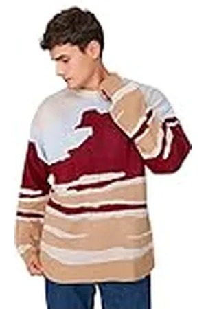 Trendyol Suéter Oversize con Cuello Redondo y Bloque de Color Sudadera, , S para Hombre