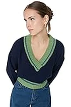 Trendyol Suéter de Punto básico con Cuello en V y Ajuste Regular Young Sudadera, , L para Mujer