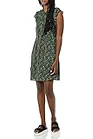 Amazon Vestido Recto en Georgette Ligero de Corte Holgado, Escote con Abertura y Mangas con Volante Mujer, , XS