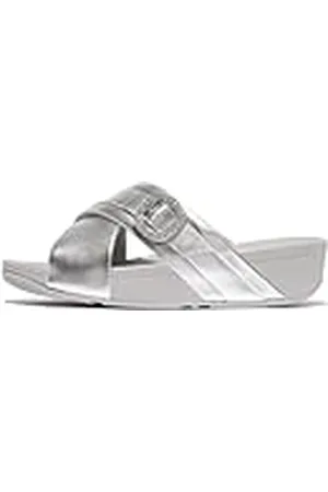 FitFlop Lulu Crystal-Buckle Metallic-Leather Cross Slides, Sandalia Mujer, Silver, 40 EU