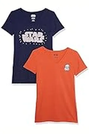 Amazon Disney | Marvel | Star Wars | Princess Camiseta de Cuello en v de Manga Corta y Ajuste Clásico Mujer, Pack de 2, , XS