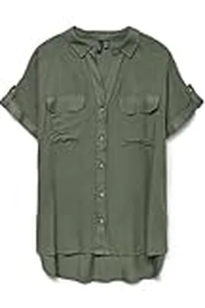 VERO MODA Camisa de Mujer de Manga Corta a Rayas con Bolsillos en el Pecho y Botones, Color: , Talla:XL