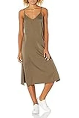 THE DROP Ana Vestido de estilo lencero de largo medio y efecto de seda con cuello de pico Mujer, Oliva oscuro, 2X Grande