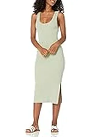 THE DROP Yasmin Vestido Midi de Tirantes de Punto de Canalé para Mujer, Salvia Desierto, XXL Grande