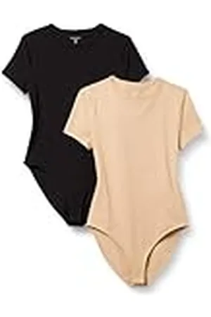 Amazon Body Tipo Camiseta de Corte Entallado en Punto de algodón elástico Mujer, Pack de 2, , L