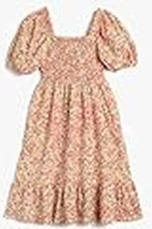 Koton Midi Dress Flower Printed Puff Sleeve Gimped Detail, Vestido niñas,