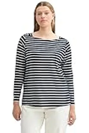 TOM TAILOR 1043761 Camiseta de Manga Larga Plussize, 37043-Navy White Stripe, 46 Mujeres