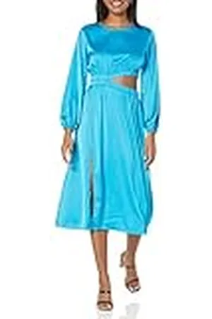 THE DROP Jacob Vestido Midi Sedoso de Manga Larga Con Cut-out Discreto para Mujer, , XL