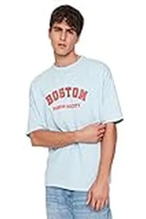 Trendyol Camiseta Tejida de Cuello Redondo básico de Gran tamaño para Hombre Joven Camisa, , S