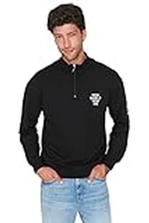 Trendyol Sudadera Relajada con Cuello Alto y Lema, Negro, M para Hombre
