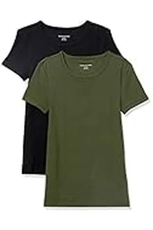 Amazon Camiseta de Cuello a la Caja de Manga Corta y Ajuste Entallado Mujer, Pack de 2, , M