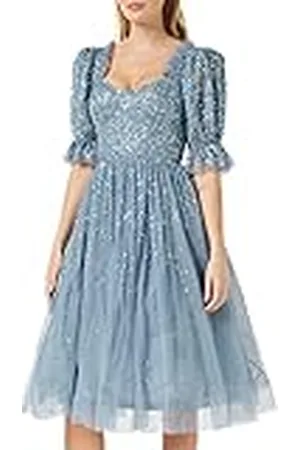 Maya Deluxe Ladies Dress Women Midi Sequin Embellished Frilly Sweetheart Neckline Puffed Sleeves for Wedding Guest Prom Evening Vestido, , 26 para Mujer