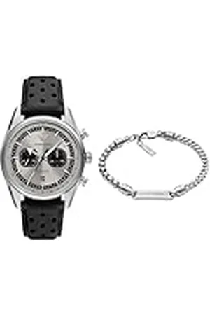 Emporio Armani Hombre Reloj de Cuero Negro y Pulsera de Acero Inoxidable Plateado, Set