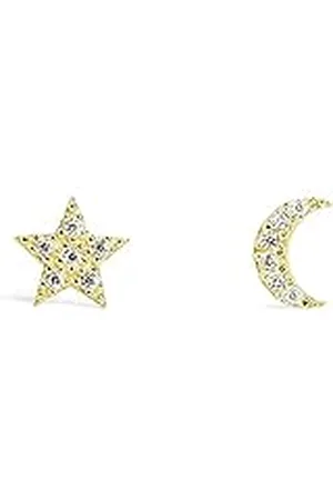 SINGULARU Pendientes Moon & Star. Plata de Ley 925 con Acabado Baño de de 18 Kt. Cierre Tuerca a Presión. Joyas para Mujer
