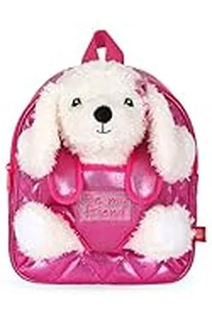 PERLETTI Niña Rosa con Caniche Peluche - Infantil Niñas Niños Guardería con Perro Peluche Extraíble - Mochilita Regalo Niña 3 4 5 6 Años Suave Correas Ajustables - 27x21x9cm