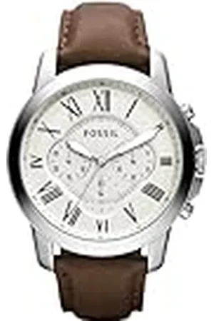 Fossil Reloj para hombre Grant, movimiento cronógrafo de cuarzo, caja de acero inoxidable plateado de 44 mm con correa de piel auténtica, FS4735