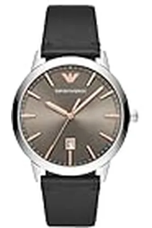 Emporio Armani Reloj Hombre, Movimiento trifásico con fecha, caja de 43mm de acero inoxidable plateado con correa de piel, AR11277