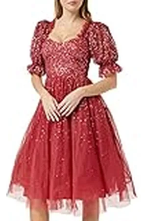Maya Deluxe Ladies Dress Women Midi Sequin Embellished Frilly Sweetheart Neckline Puffed Sleeves for Wedding Guest Prom Evening Vestido, , 28 para Mujer