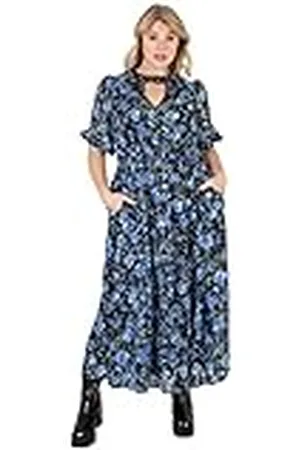 Lovedrobe Summer for Women Plus Size Curve Ladies Midi Sun Dress Faux Wrap High V Neckline Waist Puffed Sleeve Lace Black Vestido, , 46 para Mujer