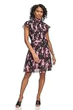 DKNY Vestido de Manga Acampanada con Cuello Falso, Negro/Maroon, 42 para Mujer