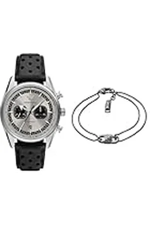 Emporio Armani Hombre Reloj de Cuero Negro y Pulsera de Acero Inoxidable, Set