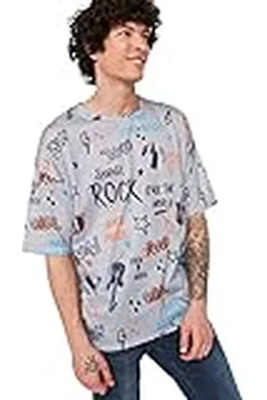 Trendyol Camiseta de Punto de Cuello Redondo estándar de Gran tamaño para Hombre Joven Camisa, , S