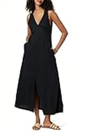 THE DROP Blanca Linen Button Front V-Neck Maxi Dress Vestidos, , XL