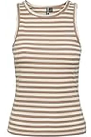 Pieces® Pcruka Boxer Camiseta de Tirantes Noos Anchos, Silver Mink/Stripes:Cloud Dancer, L para Mujer