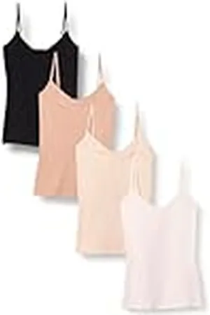 Amazon Camiseta interior ajustada de punto con cuello de pico (disponible en tallas grandes) Mujer, Pack de 4, , XXL Grande