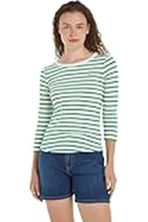 Tommy Hilfiger Camiseta de Manga Larga para Mujer 1985 Slim Slub Basic, Multicolor (Breton Ecru/Olympic Green), XS