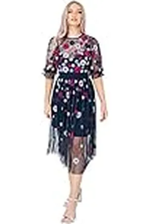 Maya Deluxe Womens Ladies Dress Flower Sequin Embellishment 3/4 Puffed Sleeve High Waist Mesh Keyhole for Wedding Guest Summer Vestido, 42 para Mujer