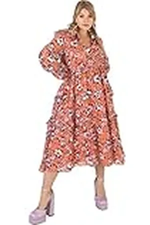 Lovedrobe Womens Midi Dress Plus Size Women Flower Pattern with Collar Long Sleeve Ruffle V Neckline Slit for Summer Office Vestido, , 48 para Mujer