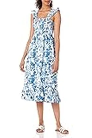 THE DROP Vestido midi Kimi para mujer, fruncidos y tirantes con volantes, estampado , 3XL Grande