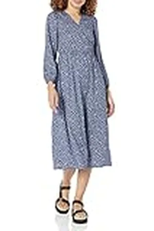 Amazon Vestido Midi Ligero Georgette de Manga Larga con Cuello de Pico (Disponible en Tallas Grandes) Mujer, , XL