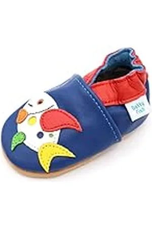 Dotty Fish Zapatos de Cuero Suave para bebés. Antideslizante. Azul con Peces Multicolores. 0-6 Meses (17 EU)