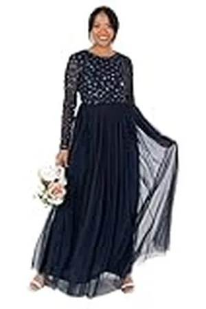 Maya Deluxe Vestido Maxi de Manga Larga para Mujer, Cuello Redondo, Lentejuelas, Estampado Floral, A-Line para Ocasiones, , 48