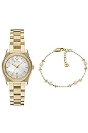 Emporio Armani Mujer Reloj de Acero Inoxidable Dorado y Pulsera de Latón, Set