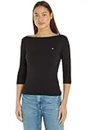 Tommy Hilfiger Camiseta de Manga Larga para Mujer Slim Cuello Barco, Negro (Black), XS