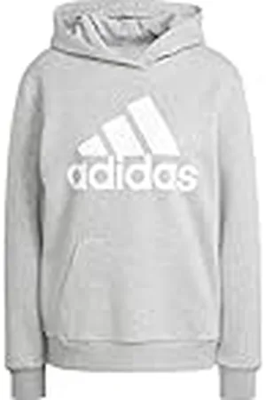 adidas Mujer Essentials Logo Boyfriend Fleece Hoodie, Medium Grey Heather/White, XXS