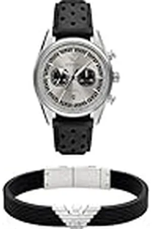 Emporio Armani Hombre Reloj de Cuero Negro y Pulsera de Silicona Plateada, Set