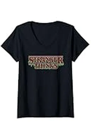 Stranger Things Mujer Guirnalda de luces clásicas retro con logotipo navideño de Camiseta Cuello V