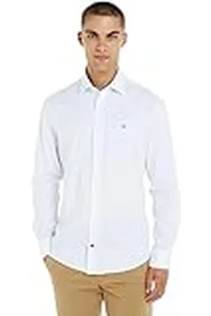 Tommy Hilfiger Hombre Camisa Dobby Print manga larga, Multicolor (White/Light Blue), 43W