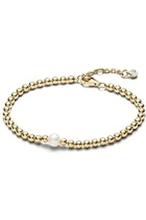 PANDORA Timeless Pulsera con cuentas chapada en oro de 14 quilates con perla blanca cultivada de agua dulce tratada y circonitas cúbicas transparentes, 20