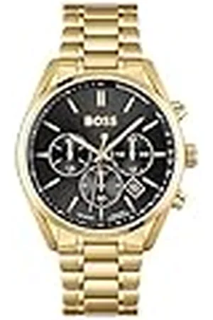 HUGO BOSS Reloj Cronógrafo de Cuarzo para Hombre de 44 mm Colección Champion con Esfera Negra y Brazalete de Acero Inoxidable Dorado, Función de Fecha, 3 Sub-Diales, Resistencia al Agua 10ATM - 1513848