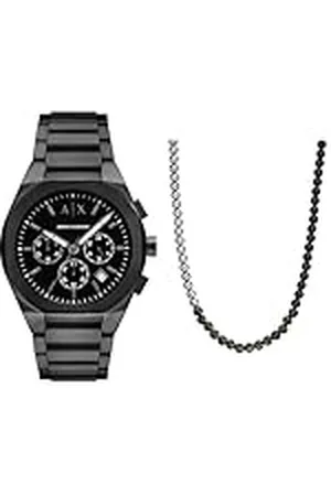 Armani Exchange Reloj de Hombre en Acero Inoxidable Negro y Collar de Tono Plateado, Set