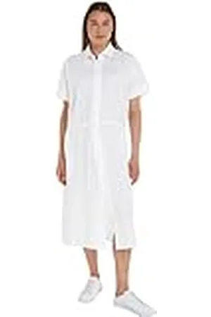 Tommy Hilfiger Vestido camisero Mujer Leinen Midi Shirt Dress corte hasta la rodilla, Weiß (Blanco), 36